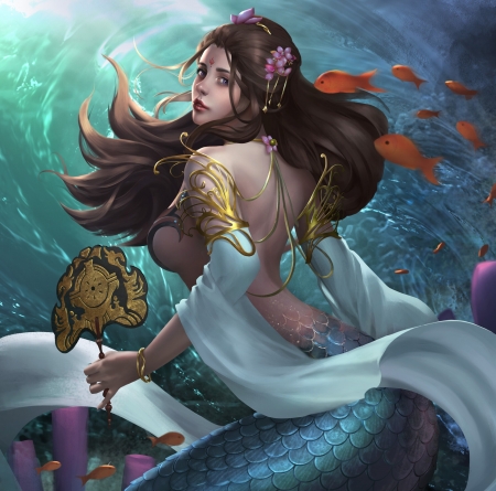 Mermaid - fantasy, fish, girl, hand fab, hand fan, mermaid, pesti, siren, water, yiian
