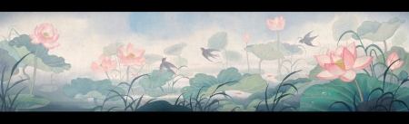 Spring - randunci, bird, lotus, flower, pink, frank sun, pasari, fantasy, green, swallow, lake, art, luminos