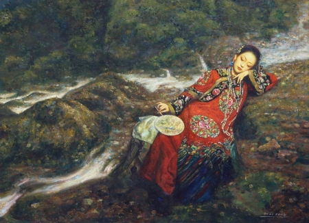 Waiting - asian, di li feng, dili feng, evantai, frumusete, girl, hand fan, painting, pictura, portrait, red, water