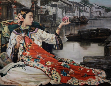 Beauty - art, asian, di li feng, dili feng, evantai, frumusete, girl, gorgeous, hand fan, painting, pictura, red, superb