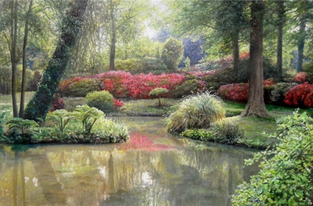 The lake - painting, art, pictura, water, zbigniew kopania, park, lake