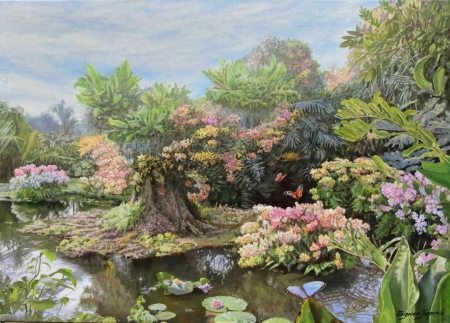 The lake - pictura, water, zbigniew kopania, painting, butterfly, lake, art