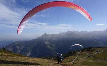 Paragliding in Mountains - parachute, paraglide, mountains, sky