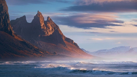Vestrahorn, Iceland - rocks, peaks, sea, morning, clouds, sky, dusk