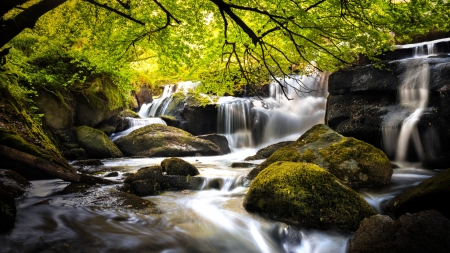 Waterfall at Saint-Herbot, Brittany, France - trees, rocks, cascade, moss, stones