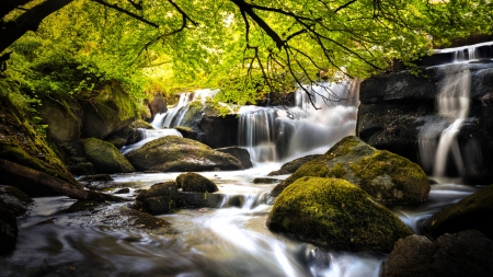 Waterfall at Saint-Herbot, Brittany, France - trees, cascade, moss, stones, rocks