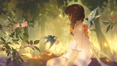 Spring - bird, girl, spring, zmpanda, pasari, fantasy, randunici, swallow, zm panda