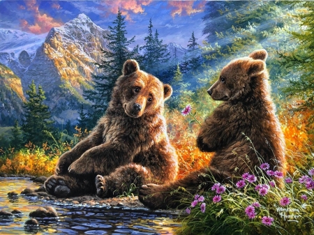 two little bears - animals, bears, mountains, painting