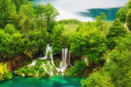 Plitvice lakes - greenery, national park, trees, beautiful, forest, waterfall, view, Croatia, waters, emerald, lakes, rocks