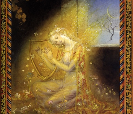 Golden fairy - fairy, wings, instrument, fantasy, art, yellow, girl, good
