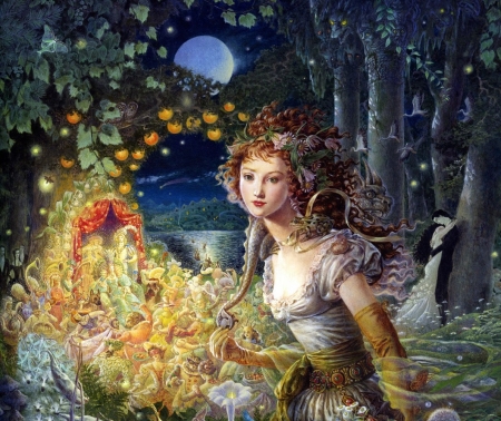 Fantasy girl - digital, fantasy, art, moon, luna, girl, kinuko y craft, night, yellw, yellow