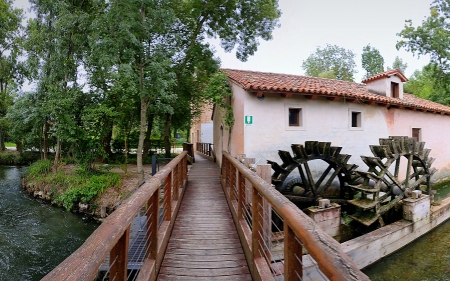 Watermill in Italy - watermill, brudge, wooden, Italy