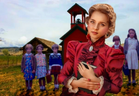 Sunday School Teacher - girl, church, colorful, teacher, blue, children, vibrant, vivid, green, red, bright, bold