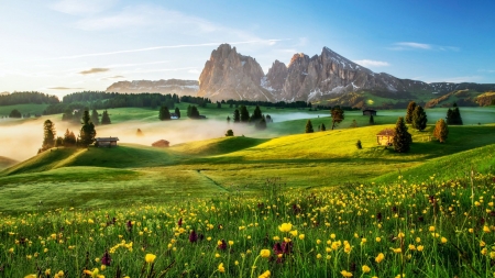 Dolomites, Alpe Di Siusi, Italy - alps, spring, morning, peaks, landscape, meadow, misty, blossoms, trees, clouds, flowers, sky