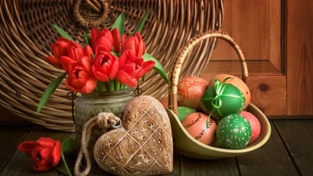 Easter still life - eggs, heart, beautiful, still life, bouquet, basket, easter, flowers, tulips, holiday