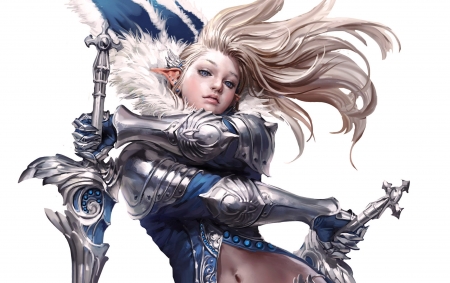 Knight girl - armor, blonde, blue, erak nite, erak note, fantasy, girl, knight, sword, warrior