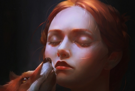 Fox kiss - miao zhang, fantasy, art, face, vulpe, girl, redhead, fox