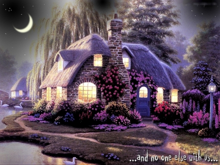 lovers cottage - cottage, house, moon, night