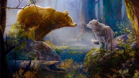 friends - animals, bear, wolf, wolves