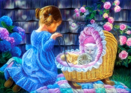 girl and her cats - blue, cats, girl, roses