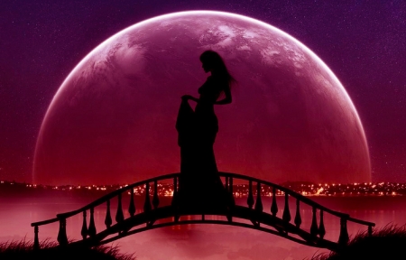 red moon - abstract, fantasy, girl, moon