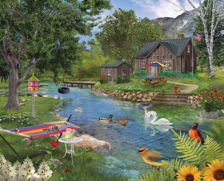 Summer Cabin - river, summer, season, cabin, water