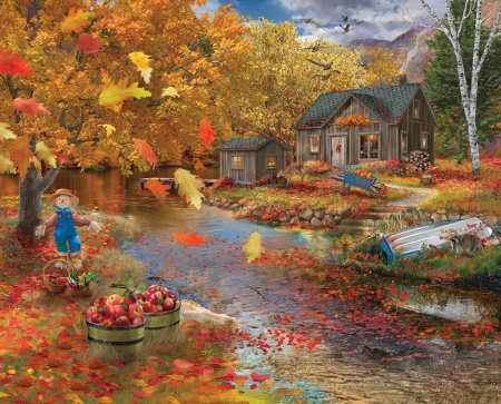 The Fall - leaves, apples, season, fall, autumn, water, cabin, scarecrow, river, painting