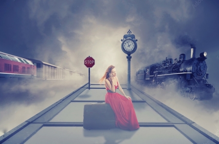 The Most Important Phone Call - stop, suitcase, sign, lamp, engine, girl, call, phone, steam