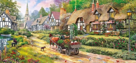 Off to Market - horse, painting, fishing, cottage, flowers, pool, cart