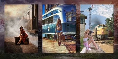 Waiting - waiting, trains, photograph, collage, models