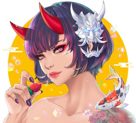 Demoness - yellow, girl, horns, fantasy, red, dhemitchan, face, pesti, fish, hayami, art, demon