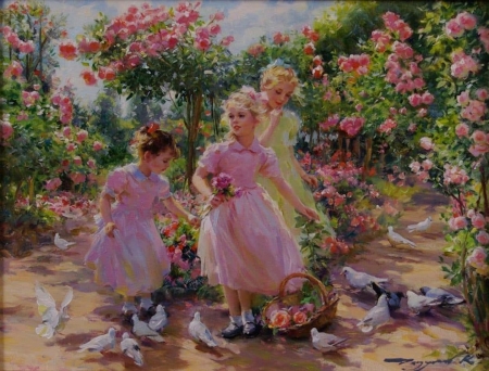 happy children - children, painting, retro, vintage