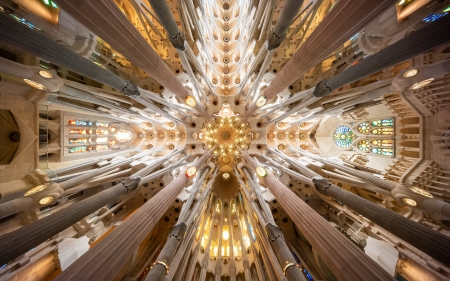 La Sagrada Familia in Barcelona - inside, ceiling, Spain, church