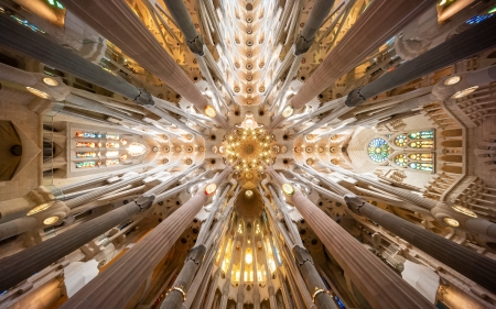 La Sagrada Familia in Barcelona - inside, church, Spain, ceiling