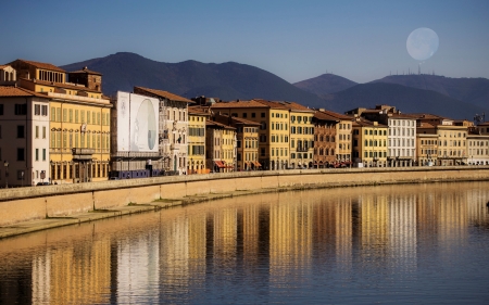 Pisa, Italy - Moon, town, water, Italy, houses