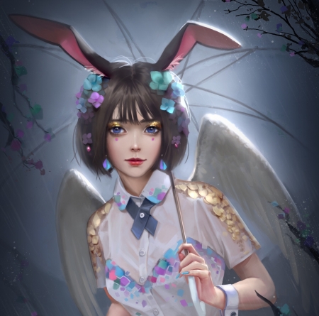Bunny girl angel - wings, bunny, mars foong, fantasy, art, ears, angel, girl, parasol