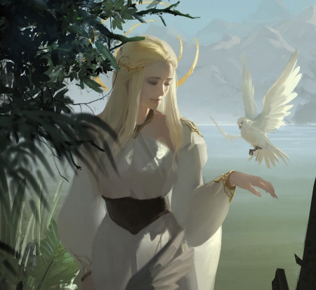 Princess - white, blonde, art, zonghao liu, bird, fantasy, dove, girl