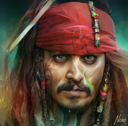 Jack Sparrow - man, red, face, arnaud druot, pirate, art, jack sparrow, fantasy, johnny depp, portrait, actor