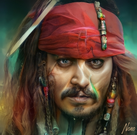 Jack Sparrow - actor, jack sparrow, portrait, arnaud druot, man, johnny depp, fantasy, pirate, red, face, art