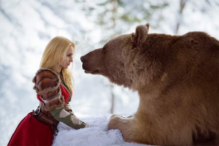 Face to face - winter, girl, blonde, bear, urs, woman, red, model, iarna