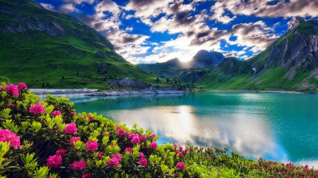 Mountain lake - beautiful, clouds, hills, lake, mountain, reflection, serenity, sky, tranquility, wildflowers