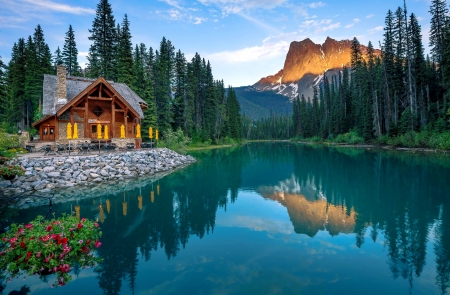 Yoho NP - lake, cabin, mirror, tranquility, Yoho, beautiful, serenity, mountain, summer, emerald, national park, reflection, peak