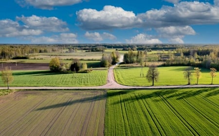 Spring Fields in Latvia - Latvia, clouds, aerial, trees, fields, road, spring