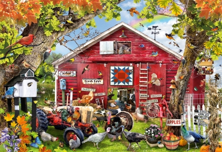 Feathered Farm - poultry, tractor, barn, digital, art, trees