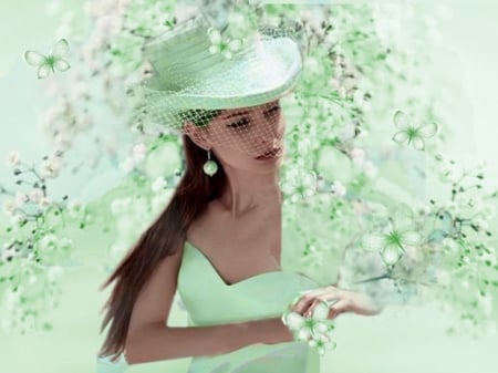 Delicate Mint - hat, mint green, soft, butterflies, girl, pastel