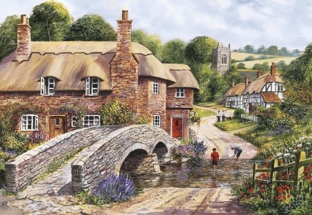 old country - bridge, country, house, england