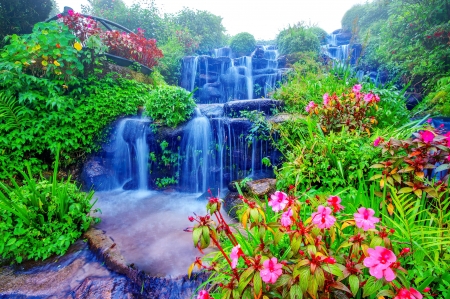 Water cascades - cascades, colorful, flowers, garden, park, spring, stones, waterf, waterfall, wildflowers