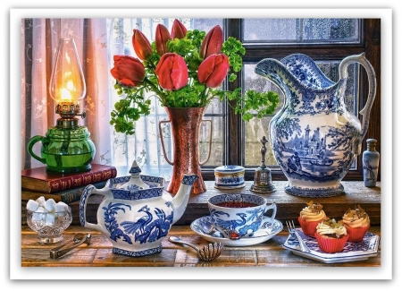 still live - coffee, country, flowers, red