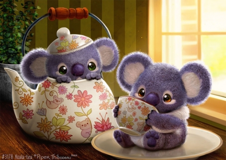 Koala tea - blue, fantasy, koala, bear, tea, piper thibodeau, cup, teapot, cute