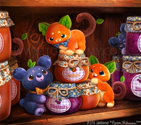 Jamboree - fantasy, blue, kitten, pisici, art piper thibodeau, cat, jar